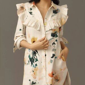 Pilcro Long-Sleeve Ruffled Denim Mini Shirt Dress